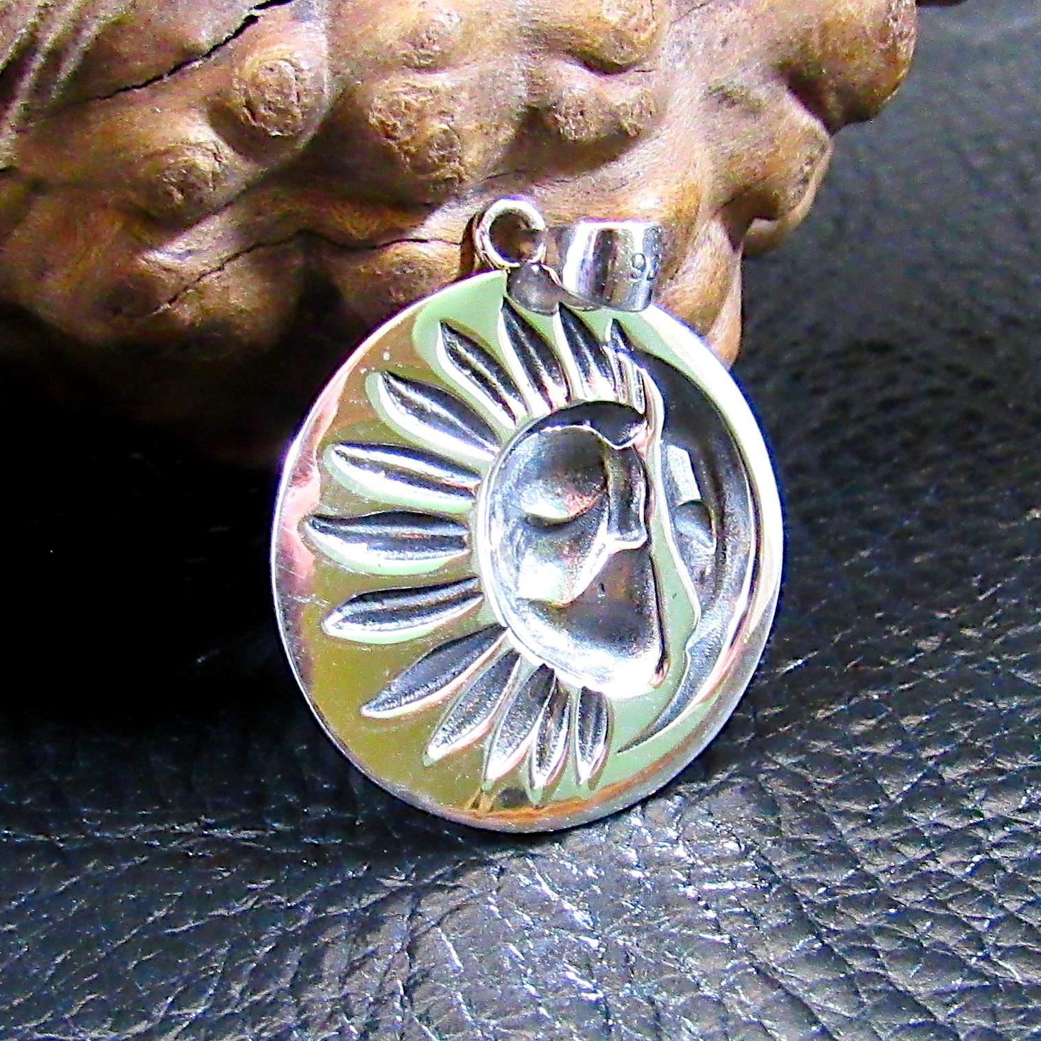Solid 925 Sterling Silver Crescent Moon & Sun Rays with Faces Pendant - Celestial Jewelry Amulet - Cosmic Necklace Charm