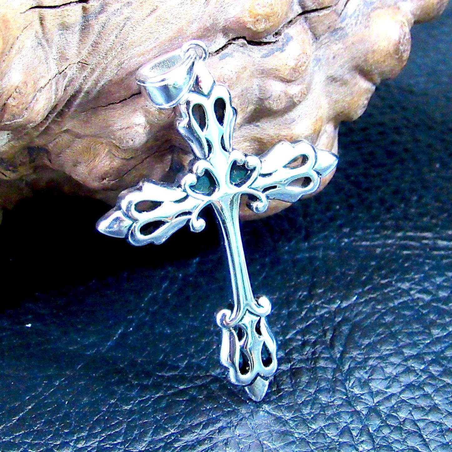 Solid 925 Sterling Silver Gothic Fleur-de-Lis Cross Pendant, Vintage Style Christian Necklace Charm, Ornate Medieval Style Jewelry