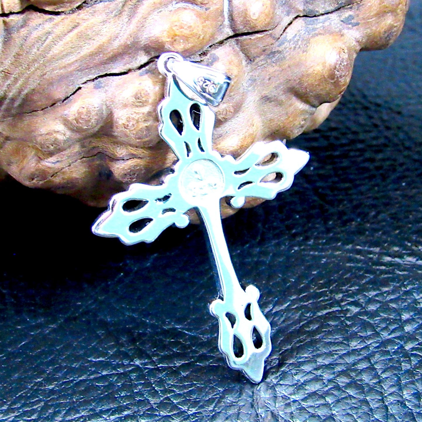 Solid 925 Sterling Silver Gothic Fleur-de-Lis Cross Pendant, Vintage Style Christian Necklace Charm, Ornate Medieval Style Jewelry