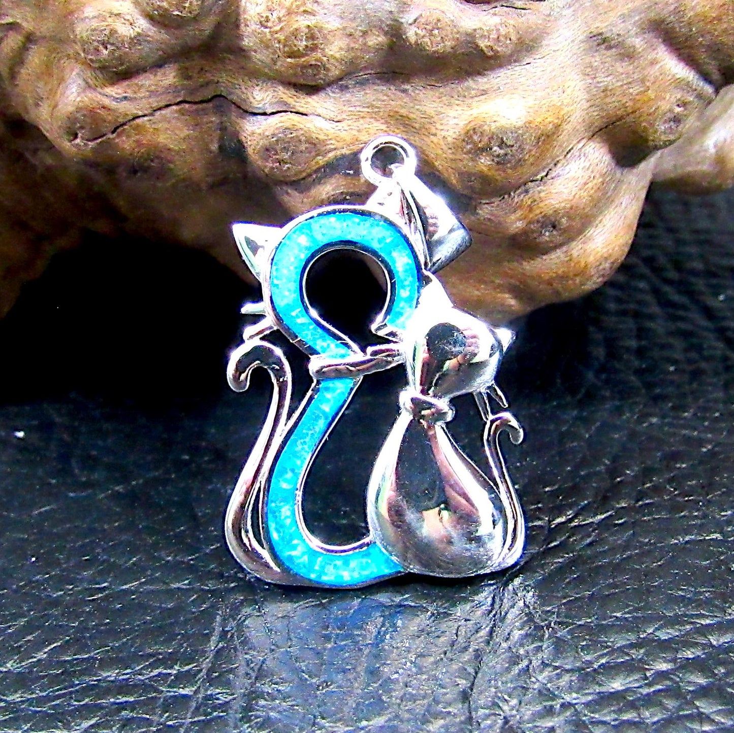 Solid 925 Sterling Silver & Lab-Created Blue or White Fire Opal Twin Cats Pendant, Handcrafted Feline Jewelry - Cat Lovers Necklace Charm