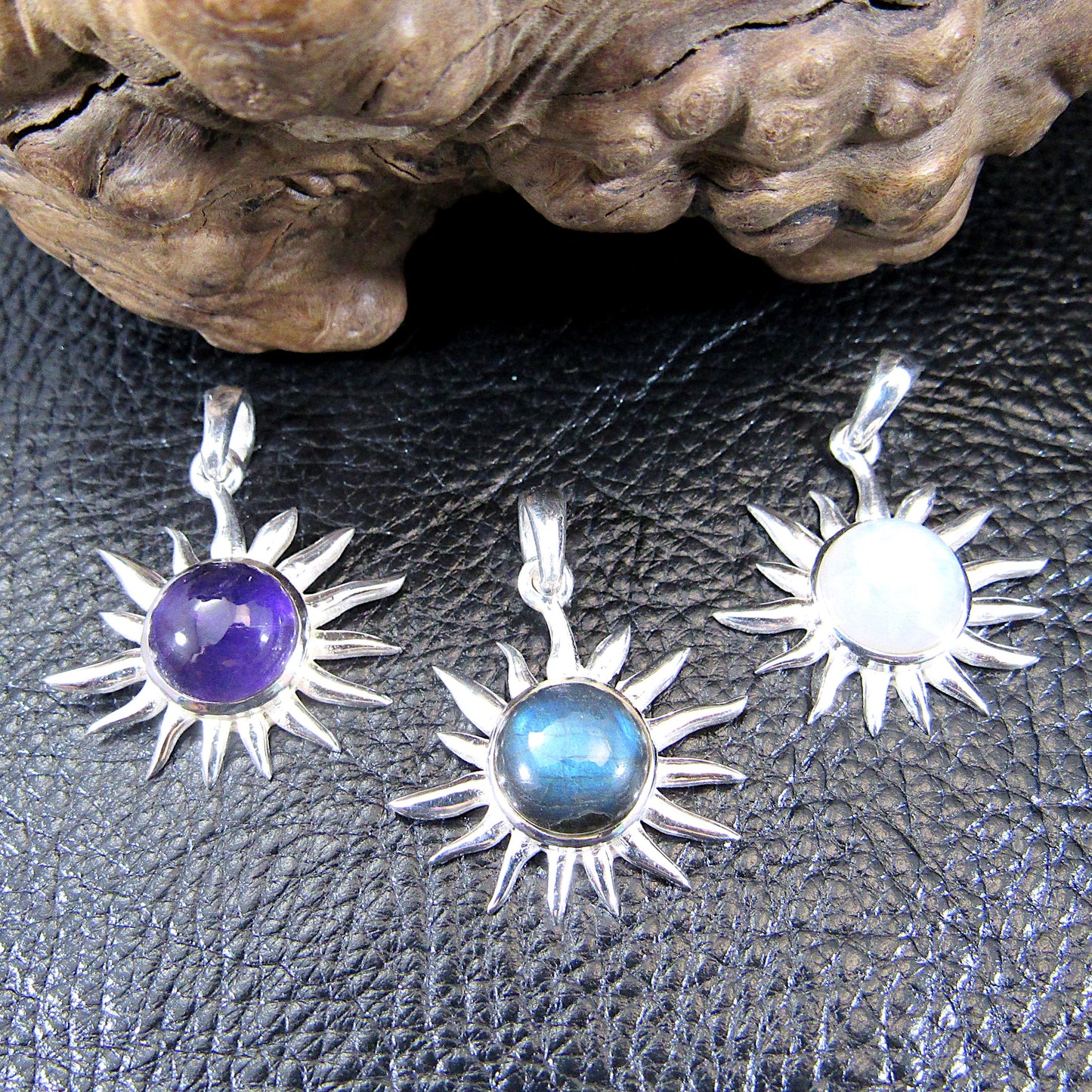Solid 925 Sterling Silver Sun Pendant – Amethyst, Labradorite, or Rainbow Moonstone - Celestial Jewelry, Gemstone Charm Necklace Pendant