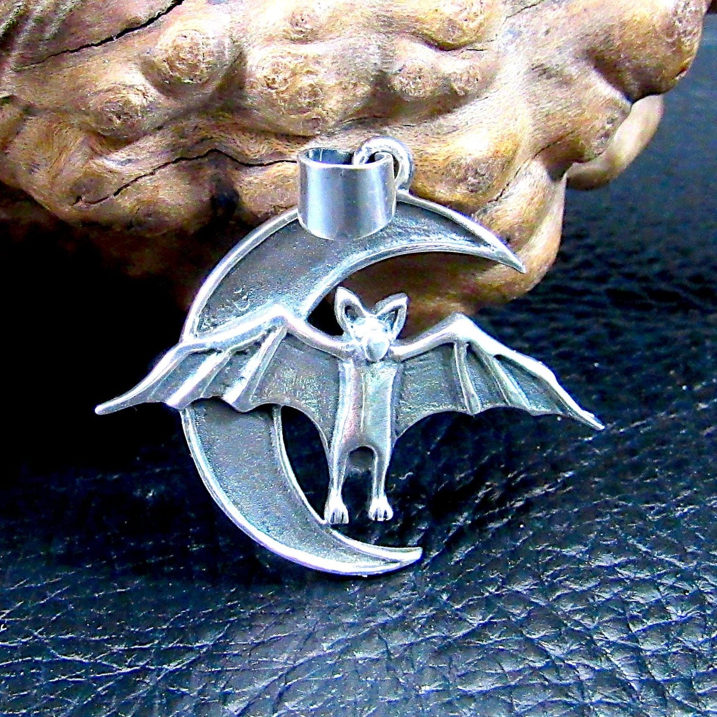 Solid 925 Sterling Silver Bat and Crescent Moon Pendant – Gothic Vampire Necklace Pendant, Occult Jewelry, Halloween Gift for Men & Women