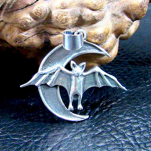 Solid 925 Sterling Silver Bat and Crescent Moon Pendant – Gothic Vampire Necklace Pendant, Occult Jewelry, Halloween Gift for Men & Women