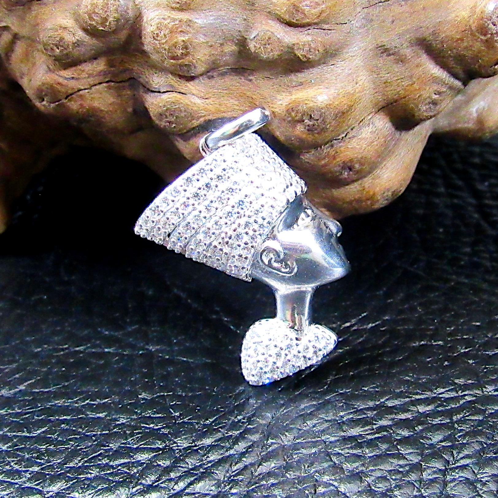 Solid 925 Sterling Silver Nefertiti Pendant – Pavé Queen of Egypt Necklace, Iced Out Profile Charm – Silver Ancient Egyptian Pharaoh Jewelry