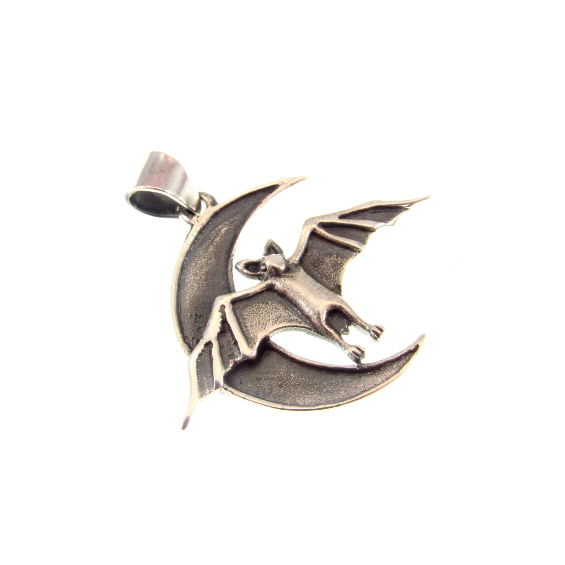 Solid 925 Sterling Silver Bat and Crescent Moon Pendant – Gothic Vampire Necklace Pendant, Occult Jewelry, Halloween Gift for Men & Women