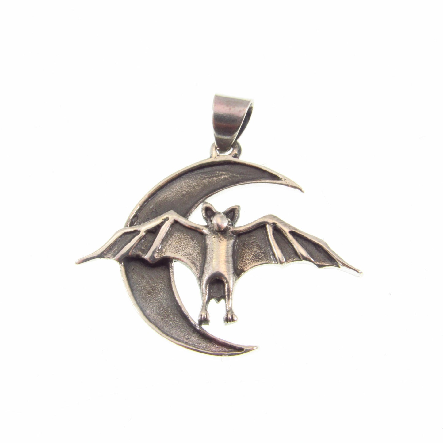 Solid 925 Sterling Silver Bat and Crescent Moon Pendant – Gothic Vampire Necklace Pendant, Occult Jewelry, Halloween Gift for Men & Women