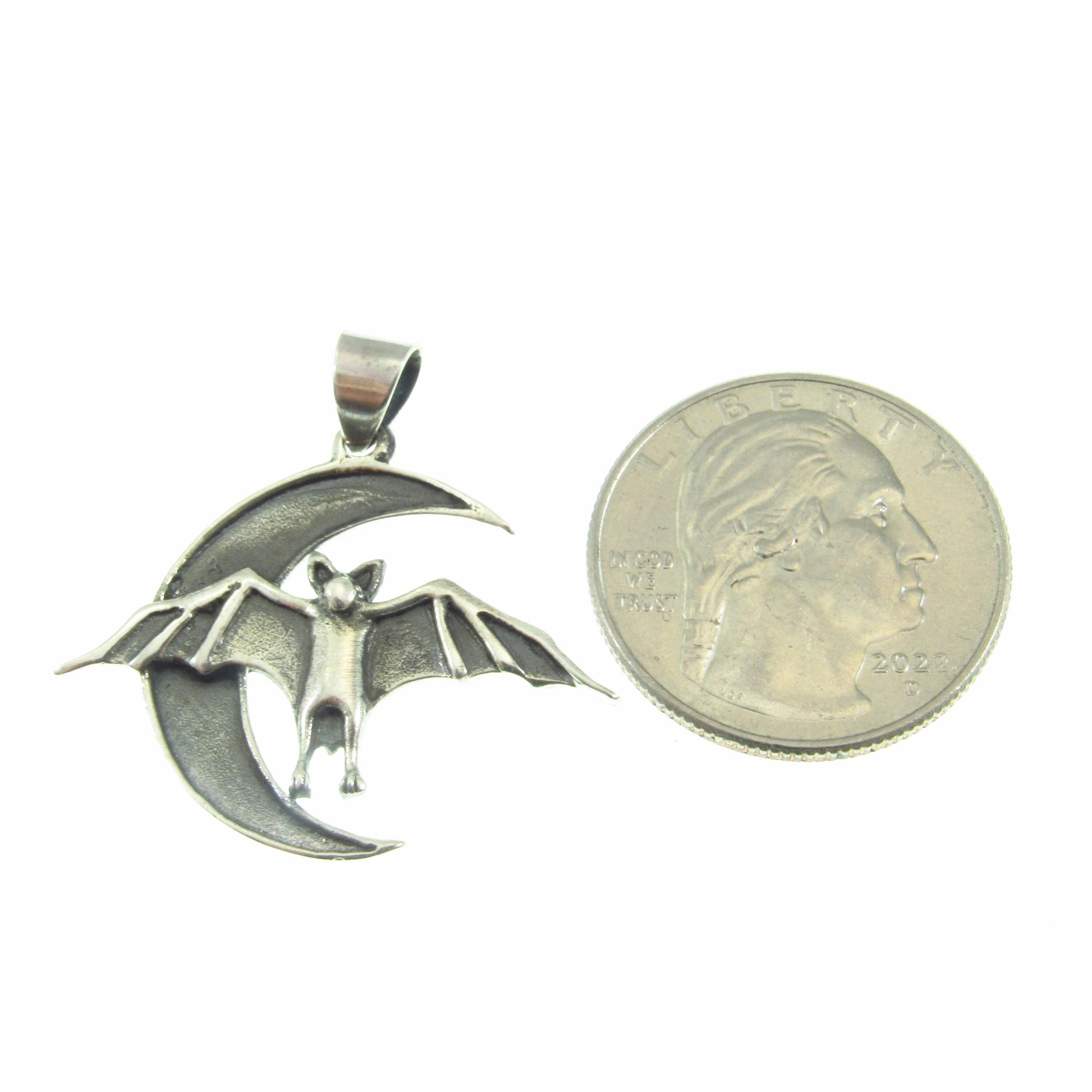 Solid 925 Sterling Silver Bat and Crescent Moon Pendant – Gothic Vampire Necklace Pendant, Occult Jewelry, Halloween Gift for Men & Women