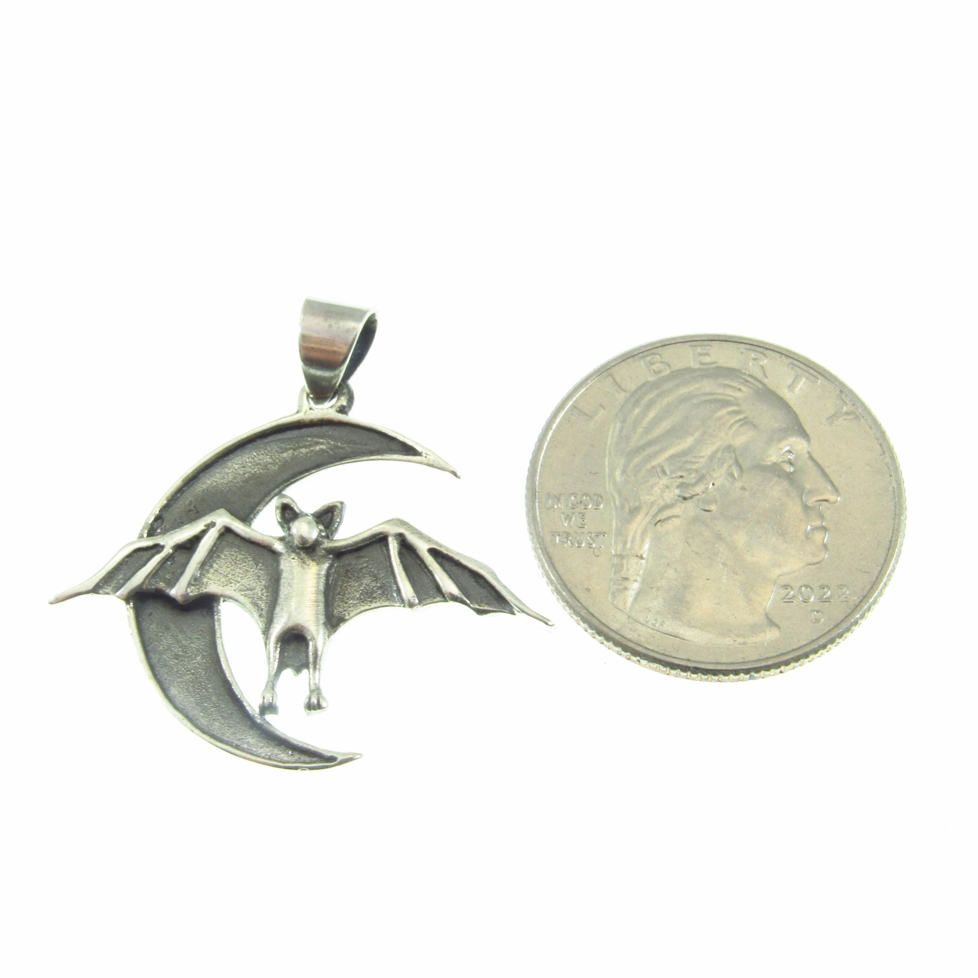 Solid 925 Sterling Silver Bat and Crescent Moon Pendant – Gothic Lunar Bat Necklace Amulet