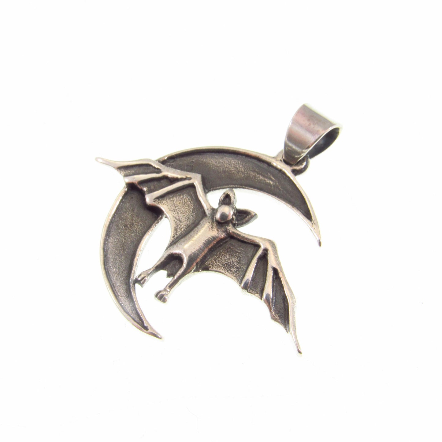 Solid 925 Sterling Silver Bat and Crescent Moon Pendant – Gothic Vampire Necklace Pendant, Occult Jewelry, Halloween Gift for Men & Women