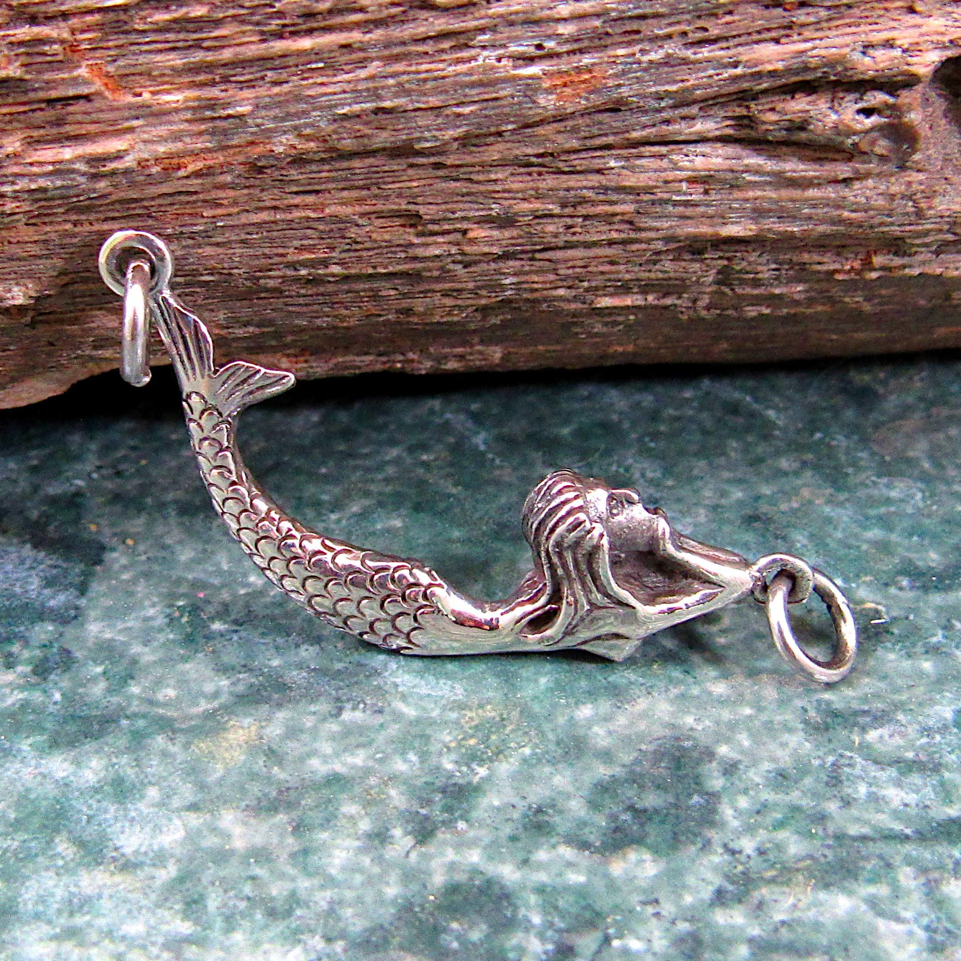 Solid 925 Sterling Silver 3D Mermaid Pendant, Atargatis Jewelry, Sea Siren Necklace Charm, Mermaid Connector Pendant for Bracelet or Chain