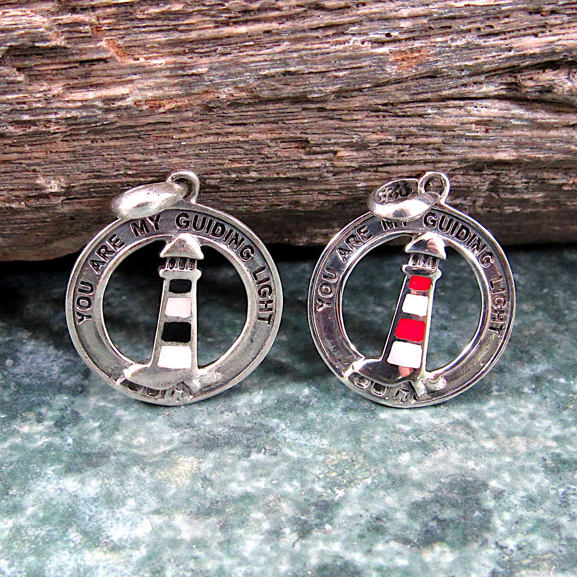 Solid 925 Sterling Silver Lighthouse Pendant With Black or Red Enamel, Watchtower Beacon Charm, "You Are My Guiding Light" Nautical Jewelry