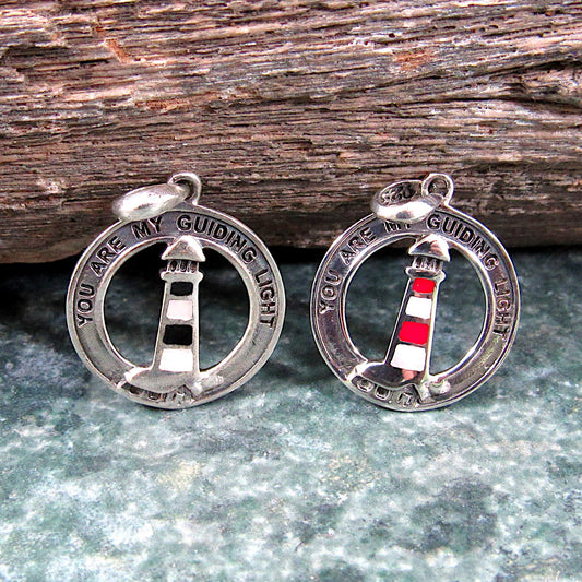 Solid 925 Sterling Silver Lighthouse Pendant With Black or Red Enamel, Watchtower Beacon Charm, "You Are My Guiding Light" Nautical Jewelry