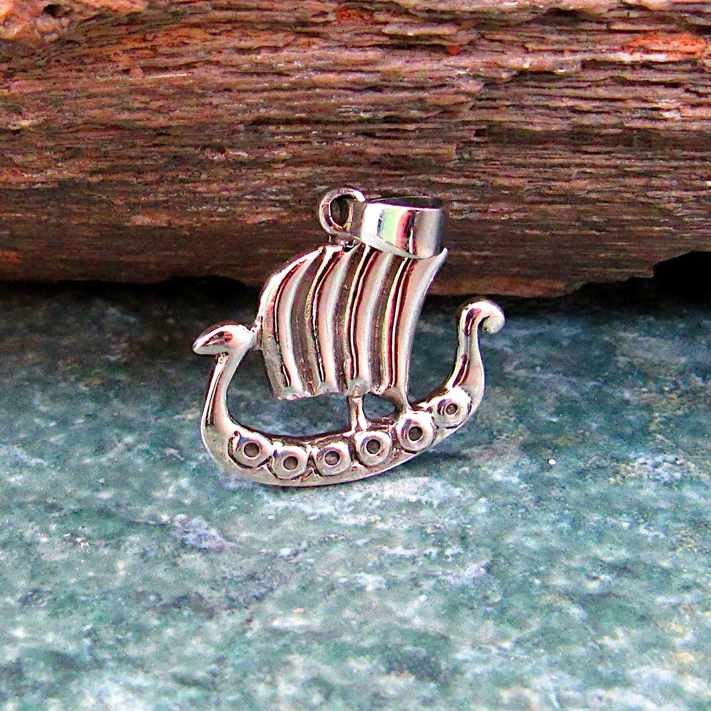 Solid 925 Sterling Silver Viking Ship Pendant – Nordic Longboat Charm with Dragon Prow and Billowing Sail, Norse Maritime Jewelry
