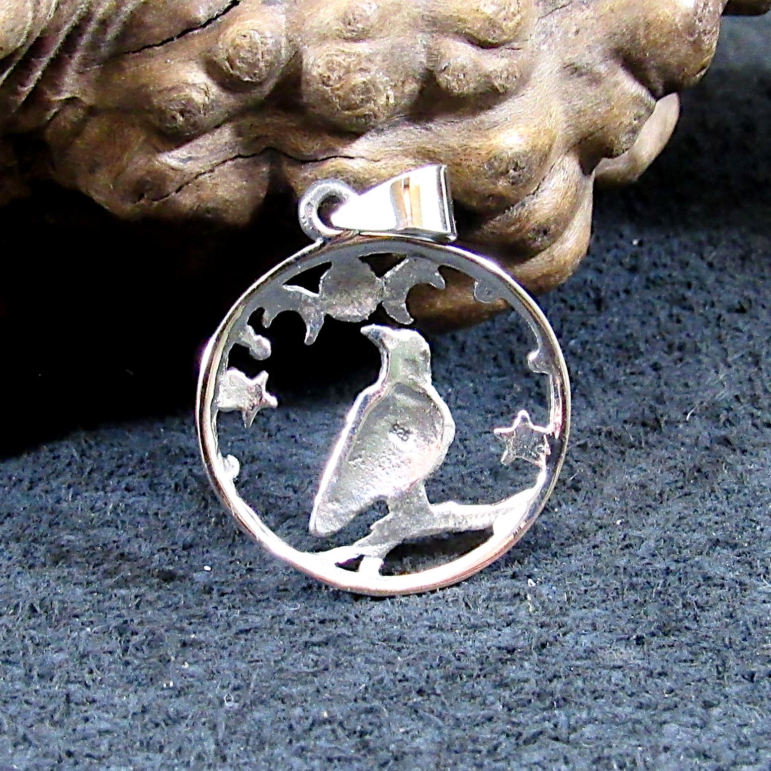Solid 925 Sterling Silver Raven and Crescent Moon Pendant – Crow Totem with Stars – Witchy Gothic Bird Jewelry – Wiccan Pagan Necklace Charm