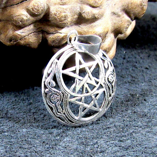 Solid 925 Sterling Silver Double Pentacle Pendant – Dual Stars with Spiral Vines Charm – Wiccan Pagan Protection Amulet – Witchcraft Jewelry