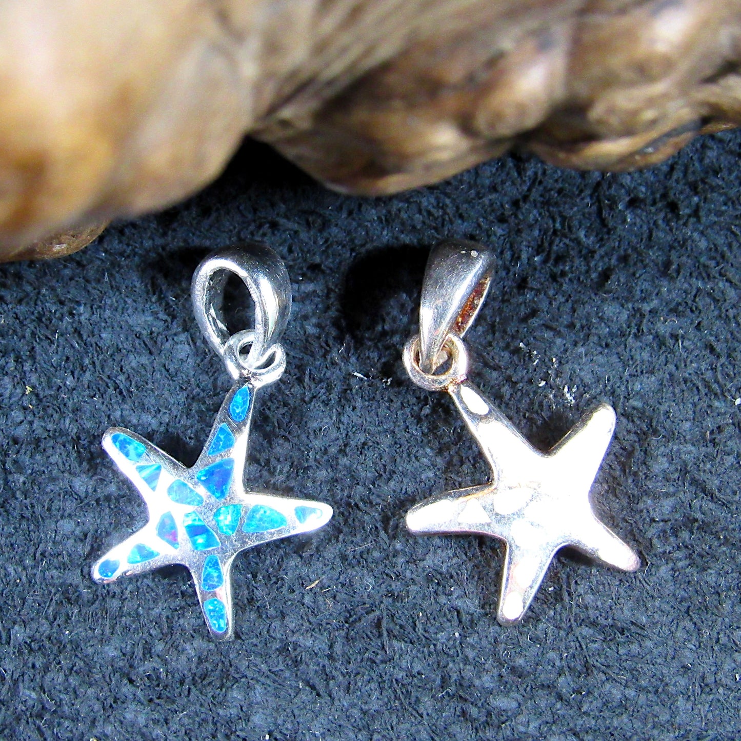 Solid 925 Sterling Silver Starfish Pendant - Blue or White Opal Inlay - Tropical Beach Charm, Nautical Jewelry, Sea Life Necklace Pendant