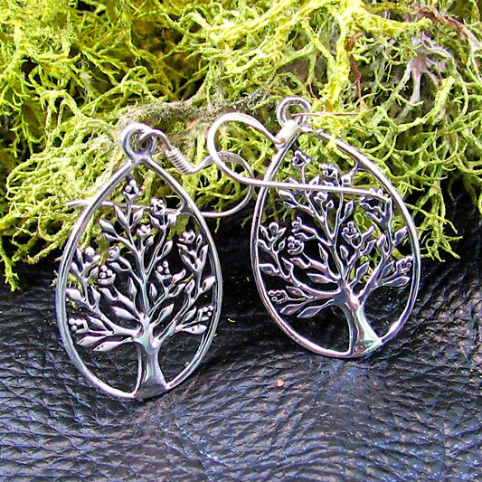 Solid 925 Sterling Silver Tree of Life Earrings, Drop Dangle Hook Earrings, Yggdrasil Sacred Tree Jewelry, Celtic Forestcore Fairycore Gift