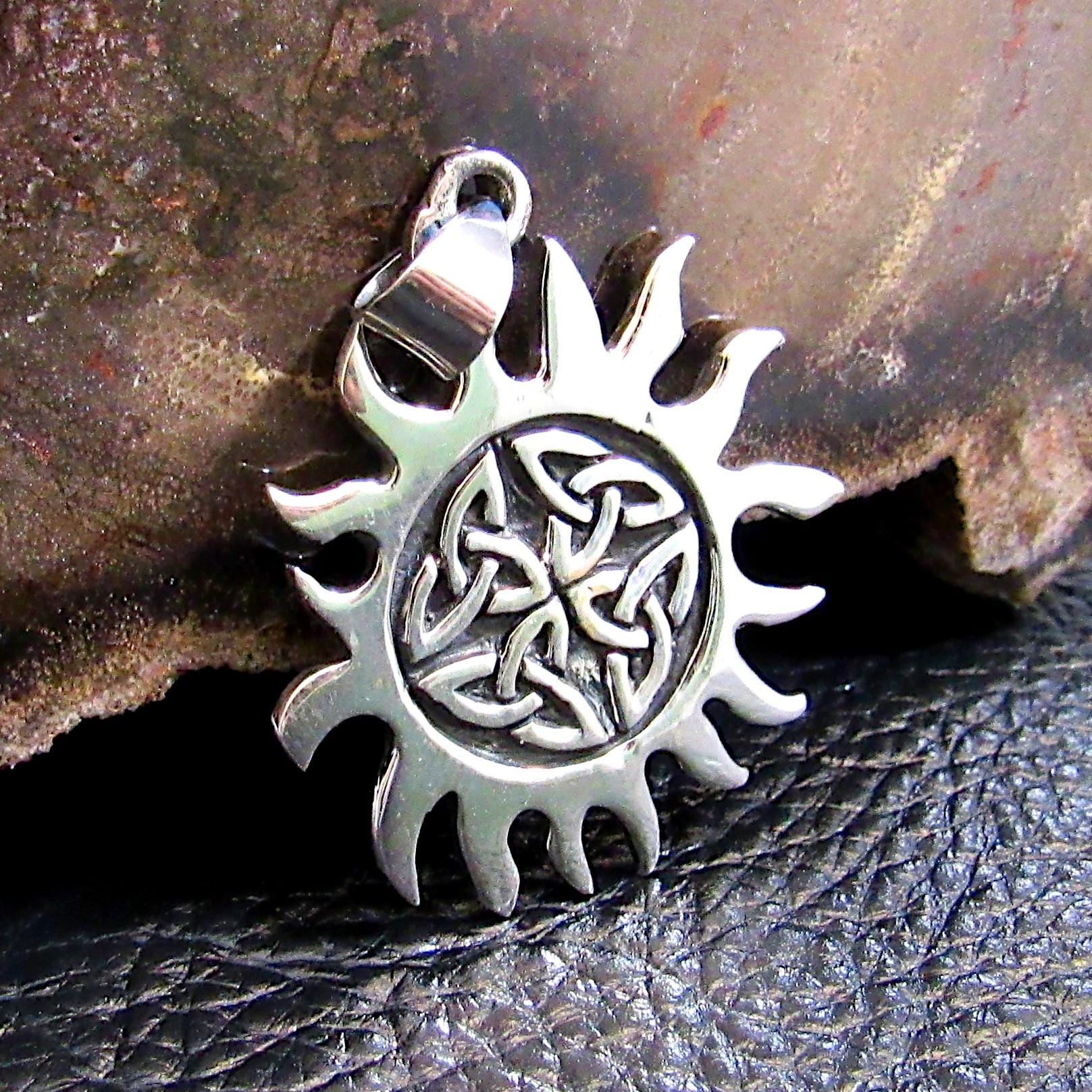 Solid 925 Sterling Silver Celtic Sun Pendant – Triquetra Solar Knot Necklace Charm – Paganism Festival Jewelry – Wiccan Fire Symbol