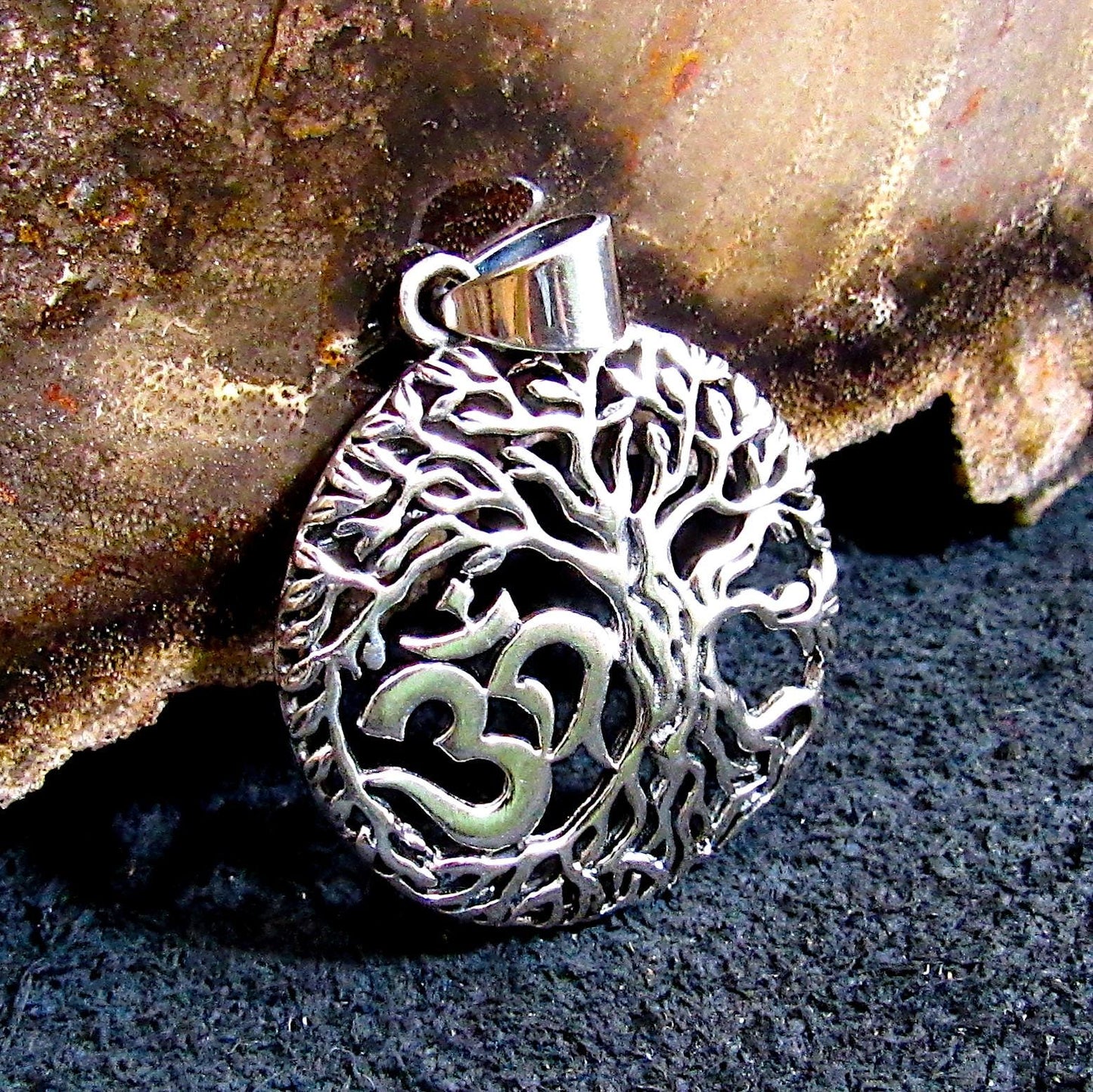 Solid 925 Sterling Silver Om Tree of Life Pendant – Naturecore Necklace Charm – Hindu Yoga Jewelry – Meditation Gift – Sacred Symbol Charm