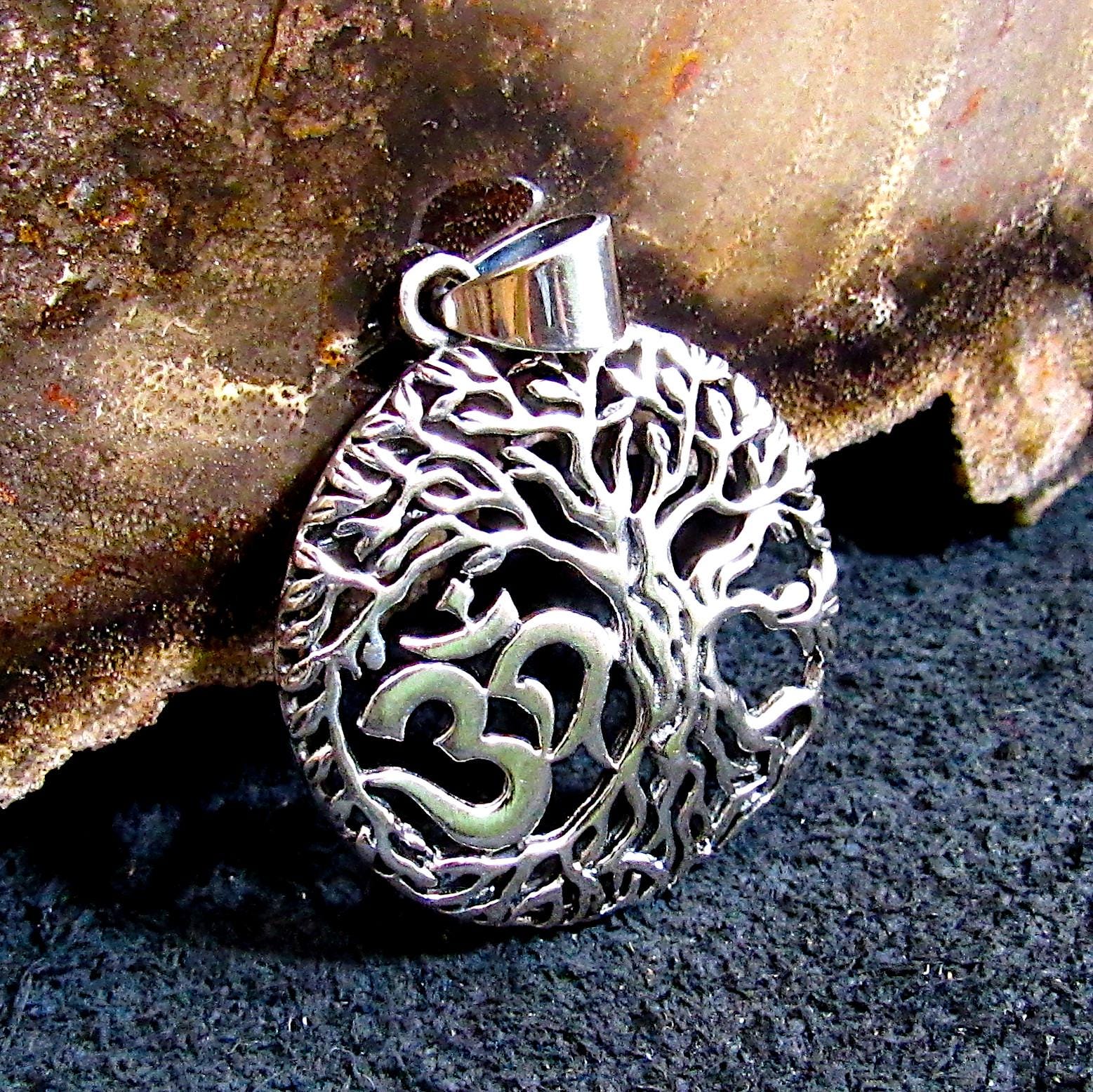 Solid 925 Sterling Silver Om Tree of Life Pendant – Naturecore Necklace Charm – Hindu Yoga Jewelry – Meditation Gift – Sacred Symbol Charm