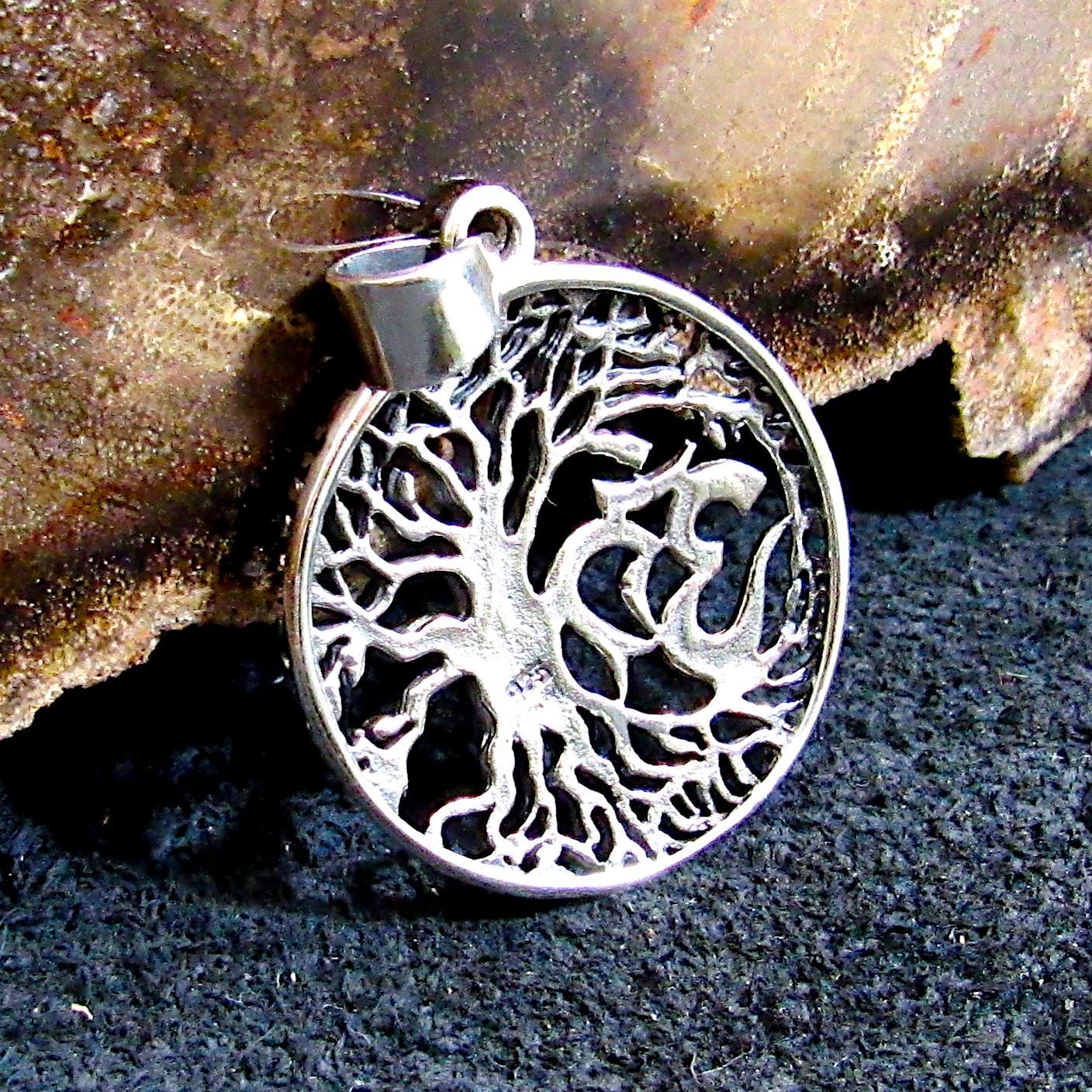 Solid 925 Sterling Silver Om Tree of Life Pendant – Naturecore Necklace Charm – Hindu Yoga Jewelry – Meditation Gift – Sacred Symbol Charm