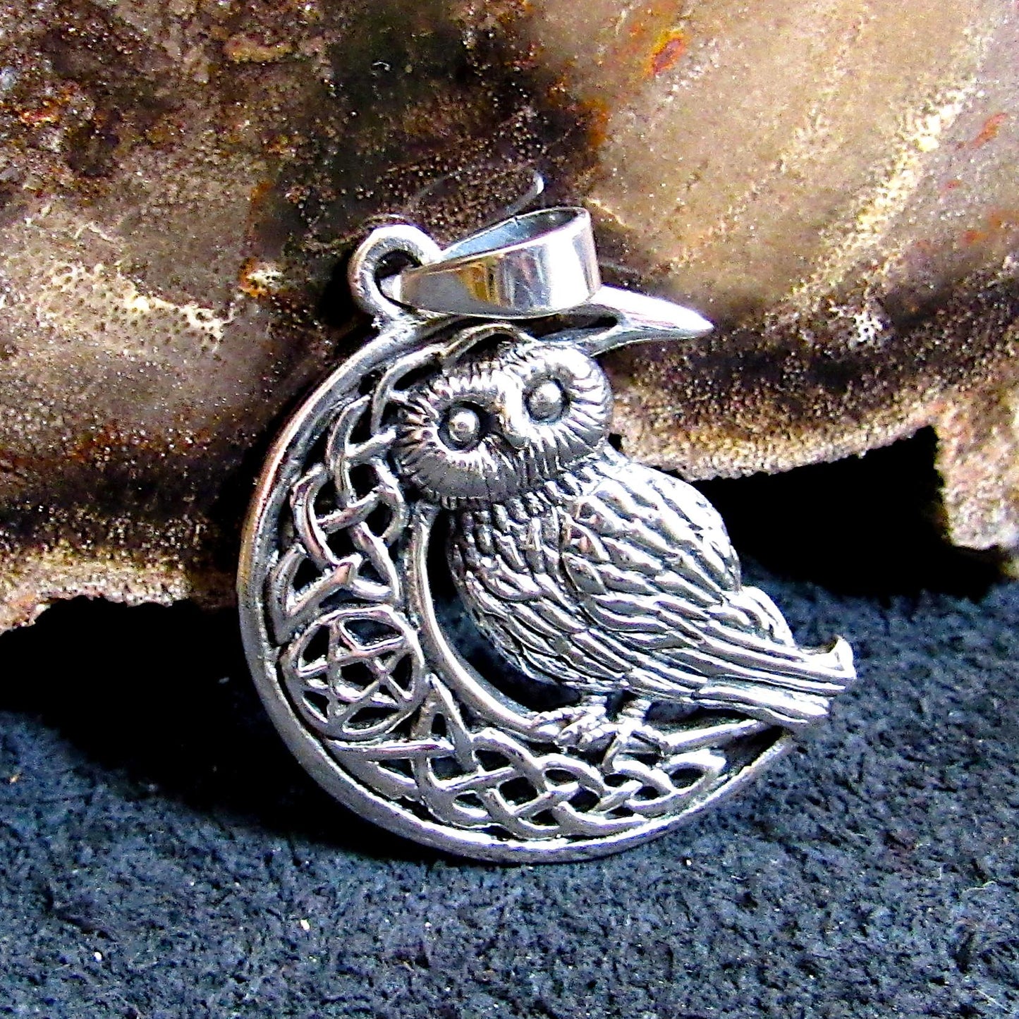 Solid 925 Sterling Silver Owl Pendant – Celtic Moon Necklace – Pagan Wisdom Jewelry – Witchcore Owl Charm – Wiccan Druid Moon Symbol