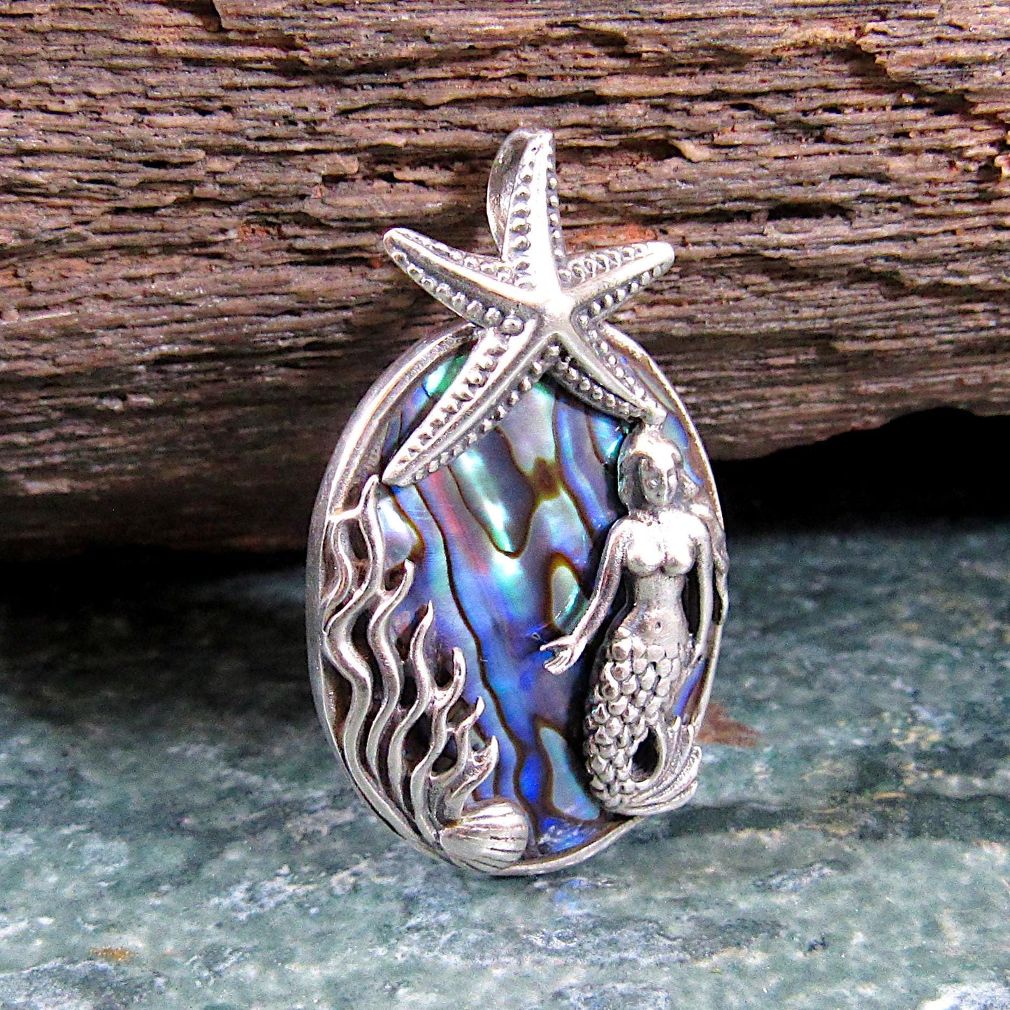 Solid 925 Sterling Silver and Abalone Shell Slide Pendant – Handcrafted Mermaid & Starfish Pendant – Ocean-Inspired Jewelry – Nautical Gift