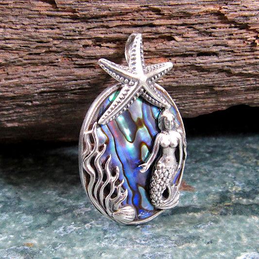 Solid 925 Sterling Silver and Abalone Shell Slide Pendant – Handcrafted Mermaid & Starfish Pendant – Ocean-Inspired Jewelry – Nautical Gift