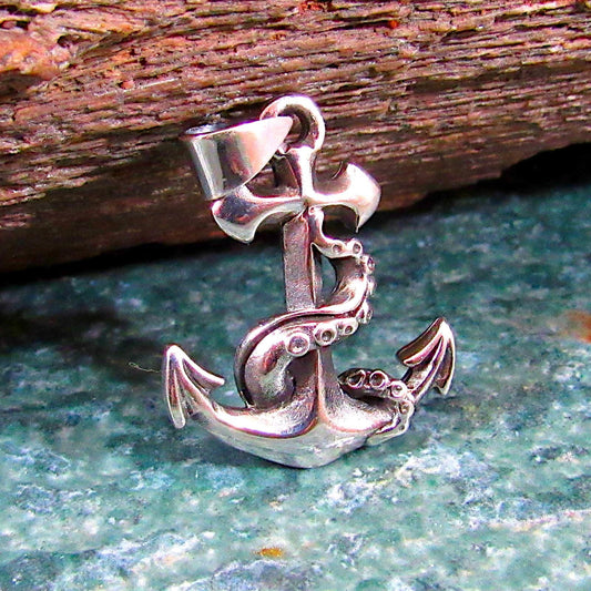 Solid 925 Sterling Silver Ship's Anchor Pendant with Octopus Tentacles, Mens Gothic Inspired Nautical Jewelry, Sea Kraken Necklace Charm