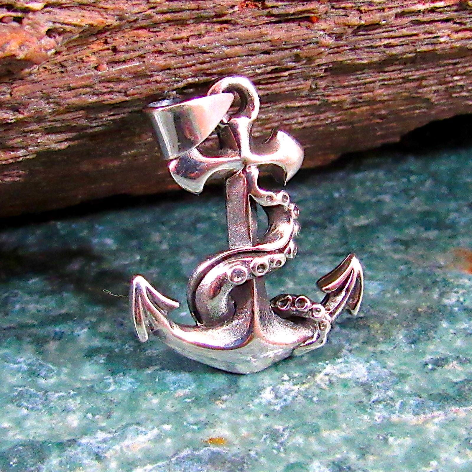 Solid 925 Sterling Silver Ship's Anchor Pendant with Octopus Tentacles, Mens Gothic Inspired Nautical Jewelry, Sea Kraken Necklace Charm