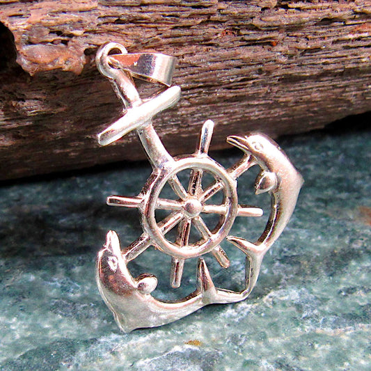 Solid 925 Sterling Silver Ship's Helm, Dolphins, & Anchor Pendant - Nautical Jewelry for Men