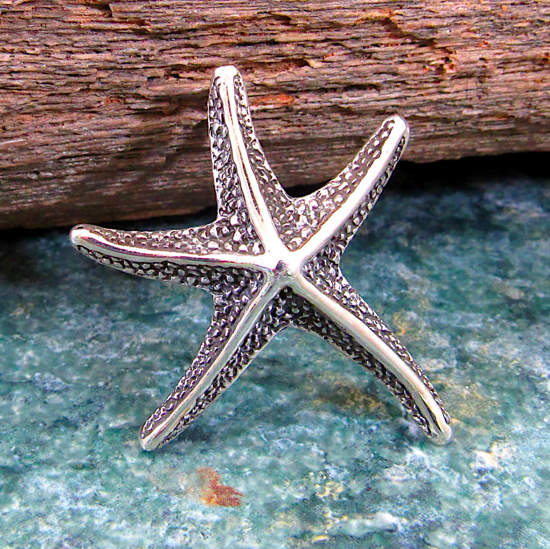 Solid 925 Sterling Silver Textured Starfish Slide Pendant, Ornate Sea Star, Marine, Oceanic, Beach Lovers, Oceancore and Nautical Jewelry