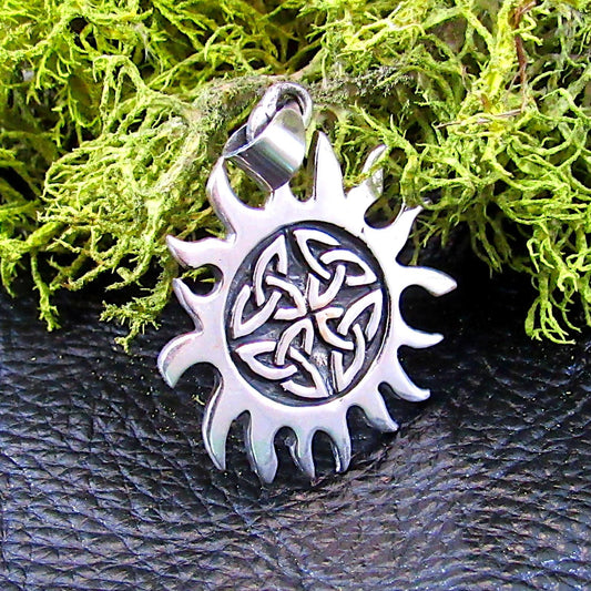Solid 925 Sterling Silver Celtic Sun Pendant – Triquetra Solar Knot Necklace Charm – Paganism Festival Jewelry – Wiccan Fire Symbol