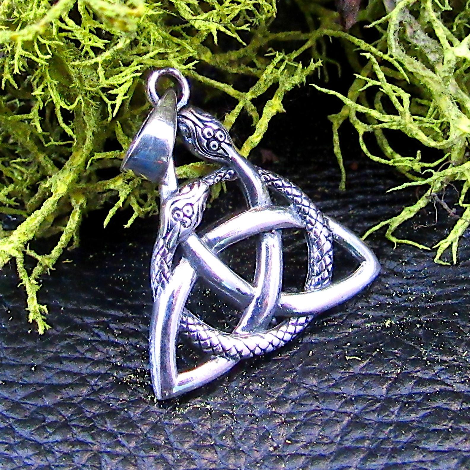 Solid 925 Sterling Silver Celtic Trinity Knot Snake Pendant, Ouroboros Triangle, Viking Triquetra Knot Pyramid Amulet, Gothic Jewelry Gift