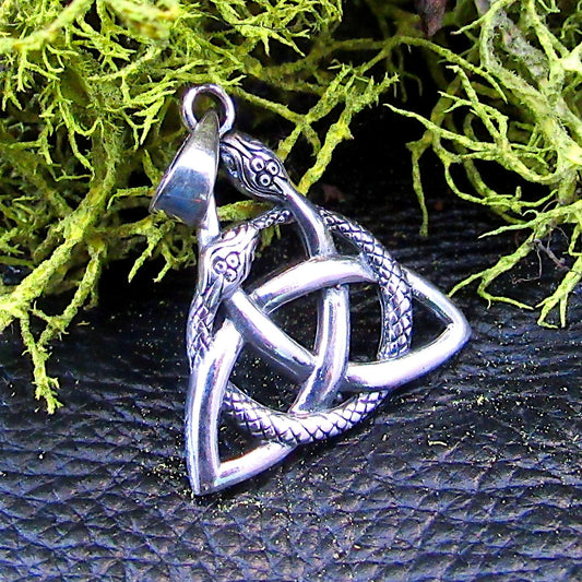 Solid 925 Sterling Silver Celtic Trinity Knot Snake Pendant, Ouroboros Triangle, Viking Triquetra Knot Pyramid Amulet, Gothic Jewelry Gift