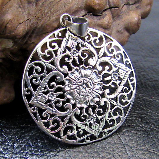 Solid 925 Sterling Silver Filigree Mandala Pendant – Bohemian Statement Piece, Sacred Geometry Jewelry, Ornate Vintage Style Flower Amulet