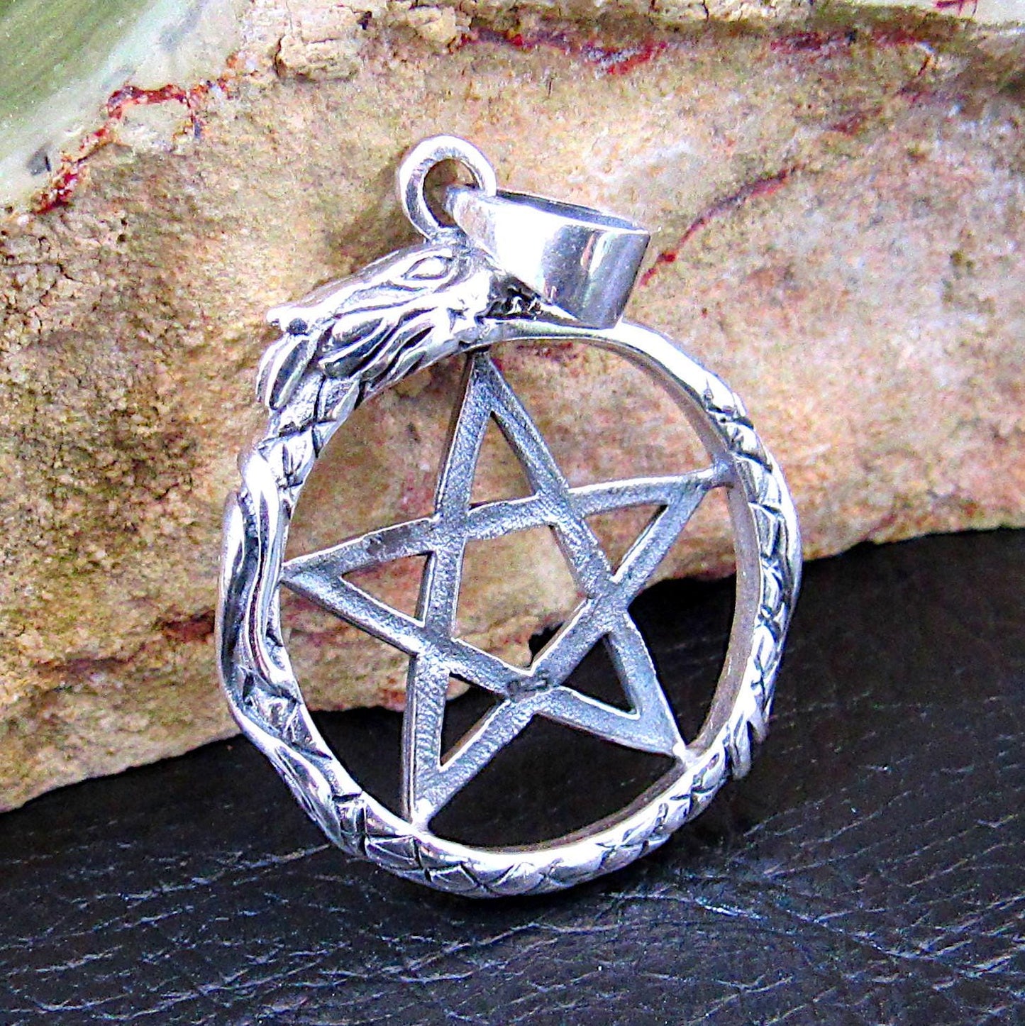 Solid 925 Sterling Silver Ouroboros Pentacle Pendant, Serpent Eating Tail Amulet, Wiccan Pagan Occult Jewelry, Mystic Protection Symbol
