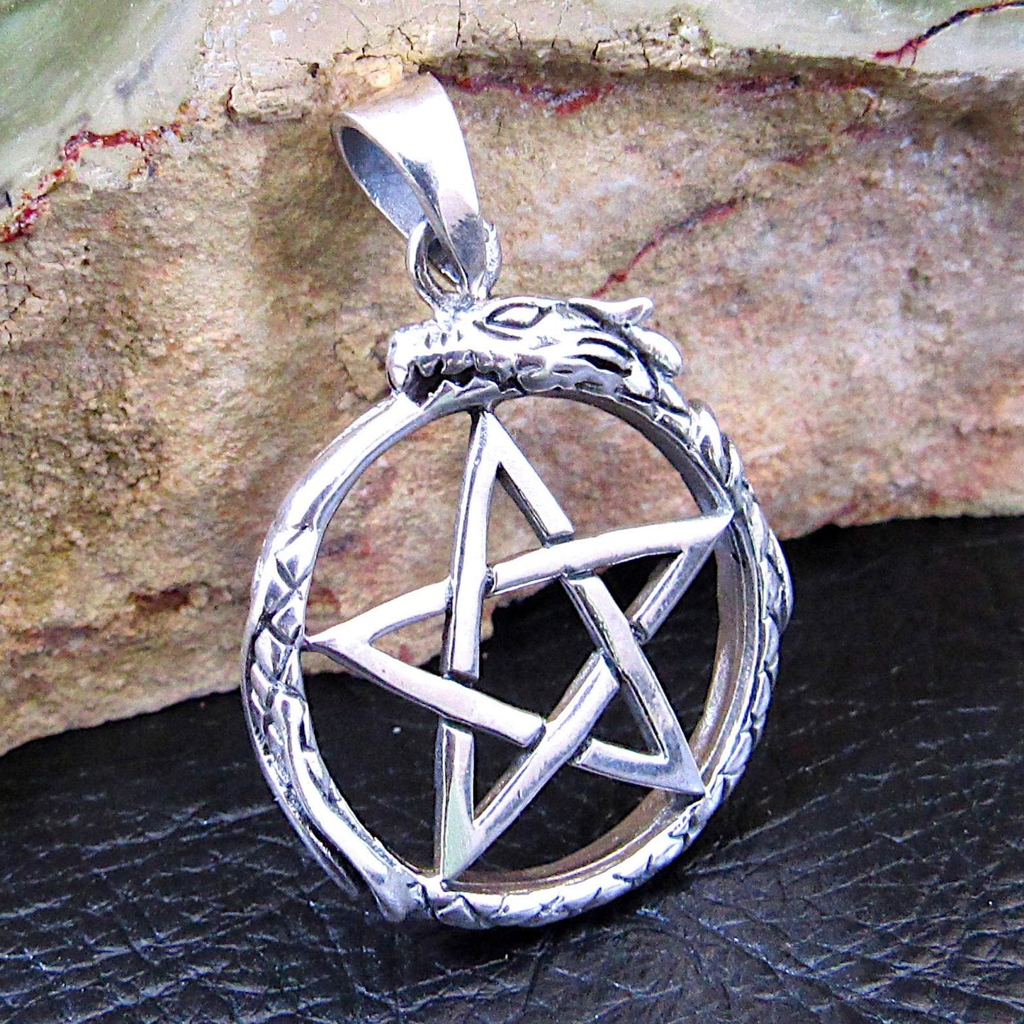 Solid 925 Sterling Silver Ouroboros Pentacle Pendant, Serpent Eating Tail Amulet, Wiccan Pagan Occult Jewelry, Mystic Protection Symbol