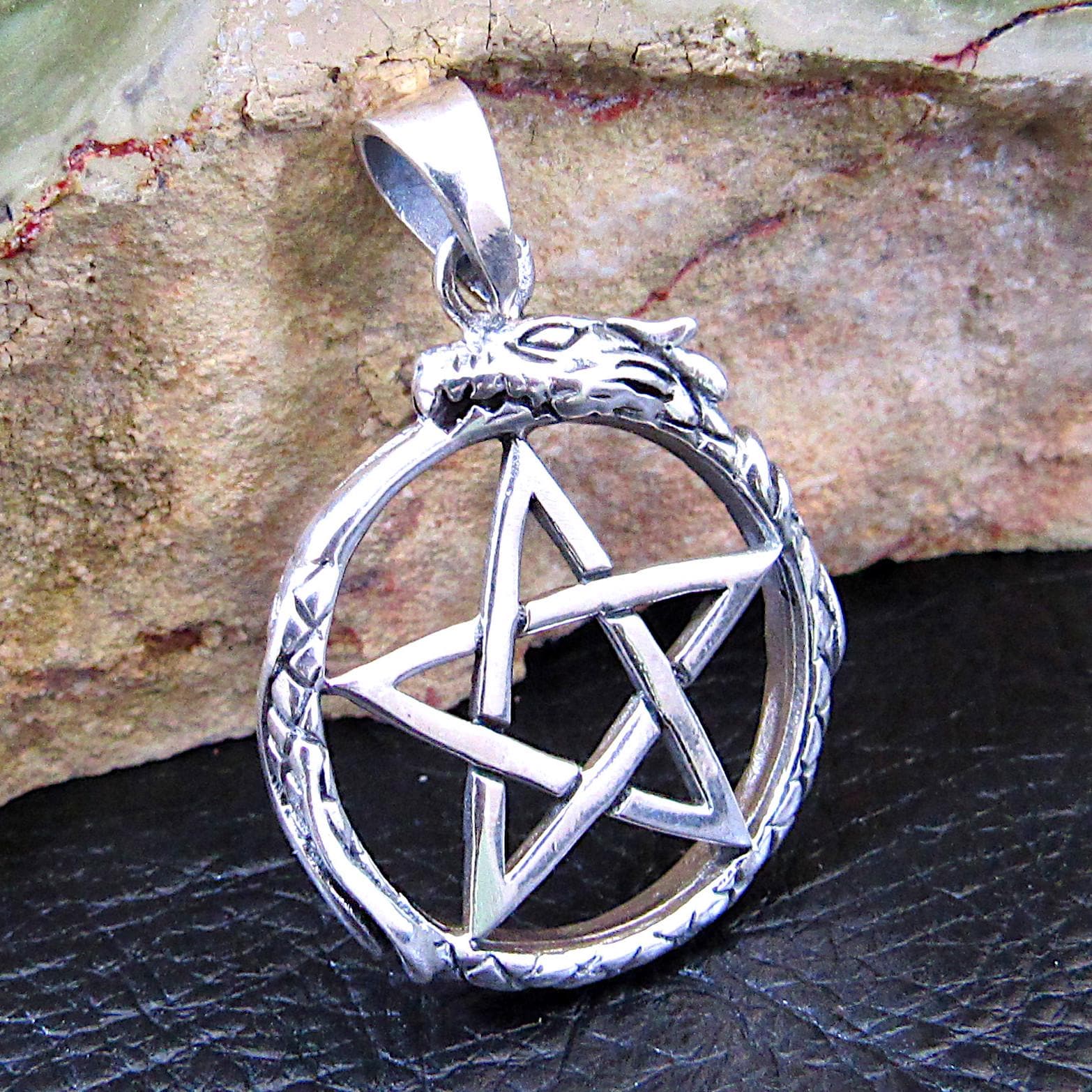 Solid 925 Sterling Silver Ouroboros Pentacle Pendant, Serpent Eating Tail Amulet, Wiccan Pagan Occult Jewelry, Mystic Protection Symbol
