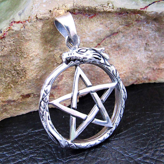 Solid 925 Sterling Silver Ouroboros Pentacle Pendant, Serpent Eating Tail Amulet, Wiccan Pagan Occult Jewelry, Mystic Protection Symbol
