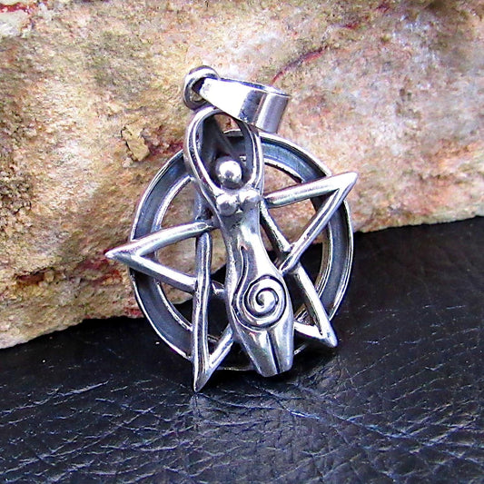 Solid 925 Sterling Silver Spiral Goddess Pentacle Pendant, Wiccan Pagan Goddess Jewelry, Feminine Divine Symbol, Magic Protection Amulet