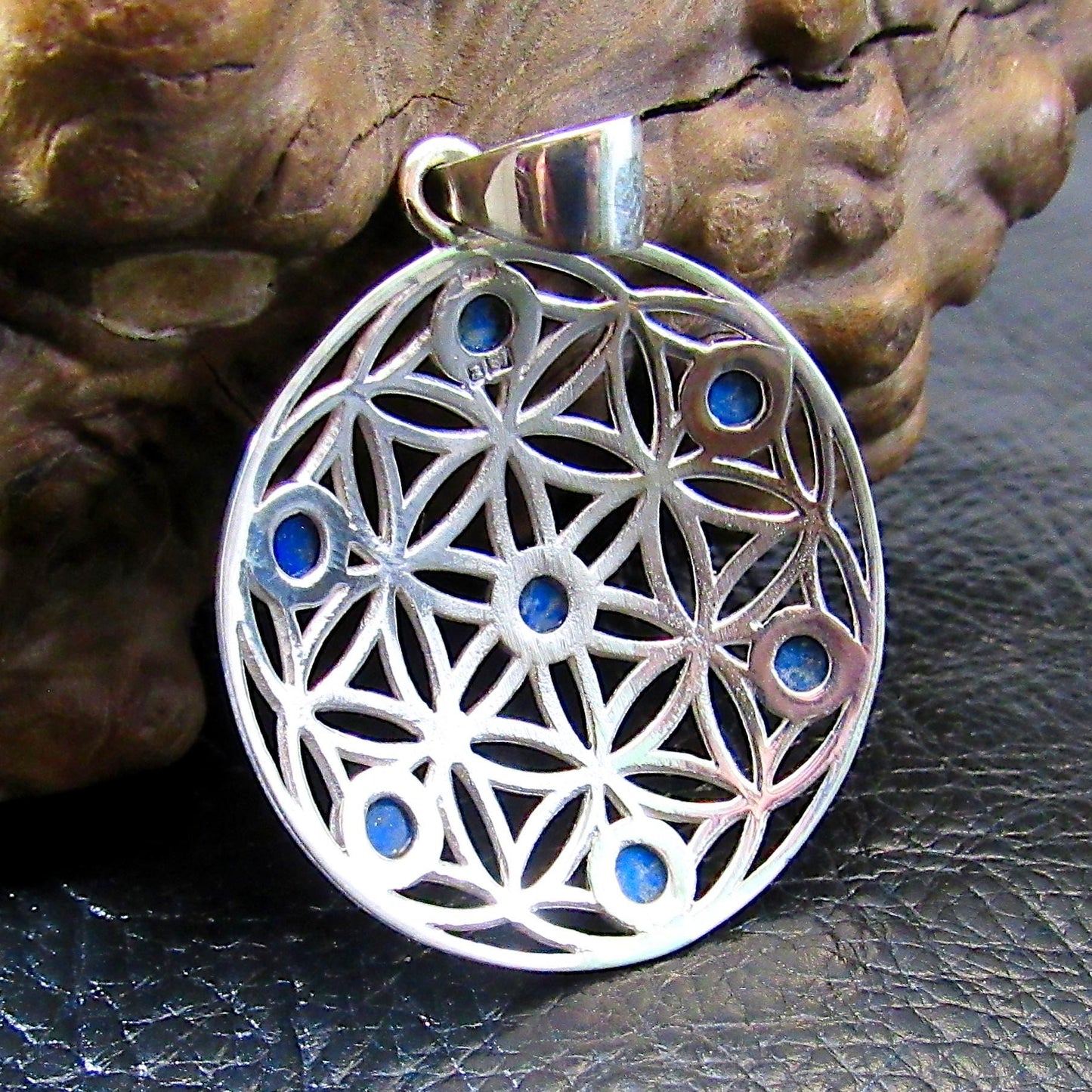 Solid 925 Sterling Silver Flower of Life Pendant w/ Lapis Lazuli, Sacred Geometry Jewelry, Spiritual Amulet, Bohemian Healing Stone Necklace