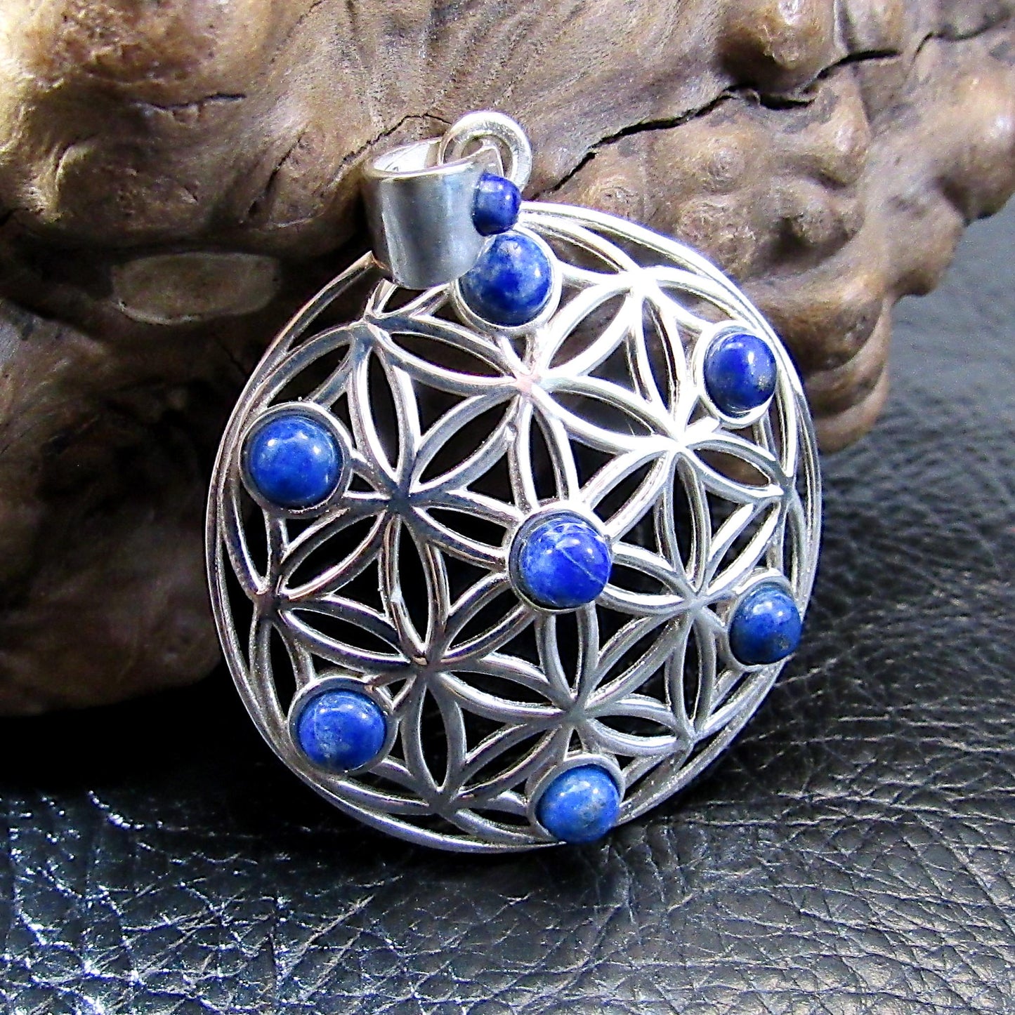 Solid 925 Sterling Silver Flower of Life Pendant w/ Lapis Lazuli, Sacred Geometry Jewelry, Spiritual Amulet, Bohemian Healing Stone Necklace