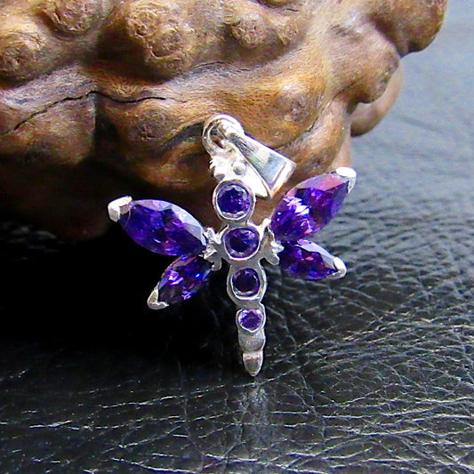 Solid 925 Sterling Silver Dragonfly Pendant with Faceted Purple Amethyst Gemstones – Nature Jewelry, Insect Necklace Charm, Gift for Women