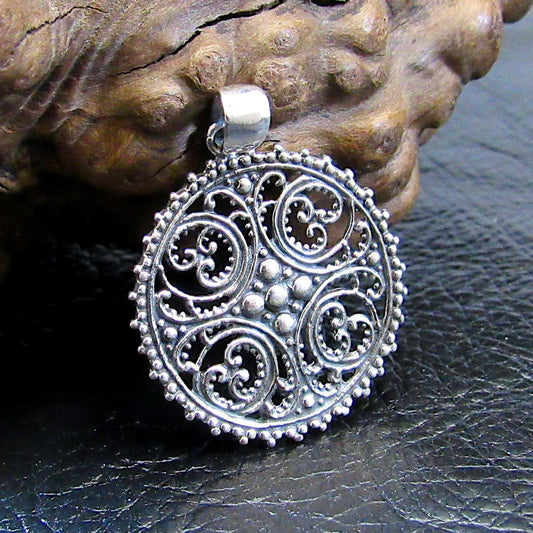 Solid 925 Sterling Silver Circular Arabesque Pendant – Filigree Swirl Medallion - Infinite Pattern, Shamsa Rosette Inspired, Islamic Jewelry