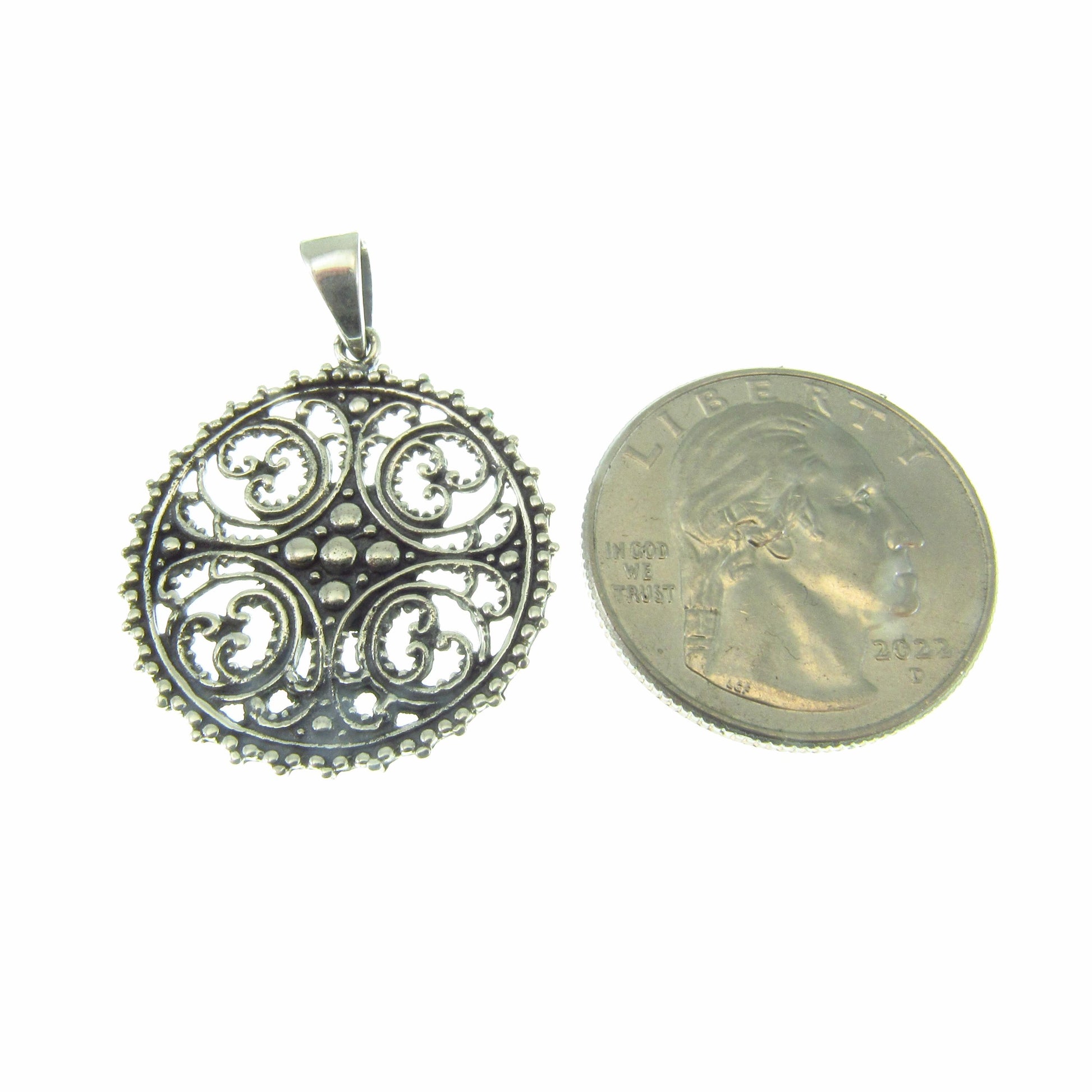 Solid 925 Sterling Silver Circular Arabesque Pendant – Filigree Swirl Medallion - Infinite Pattern, Shamsa Rosette Inspired, Islamic Jewelry