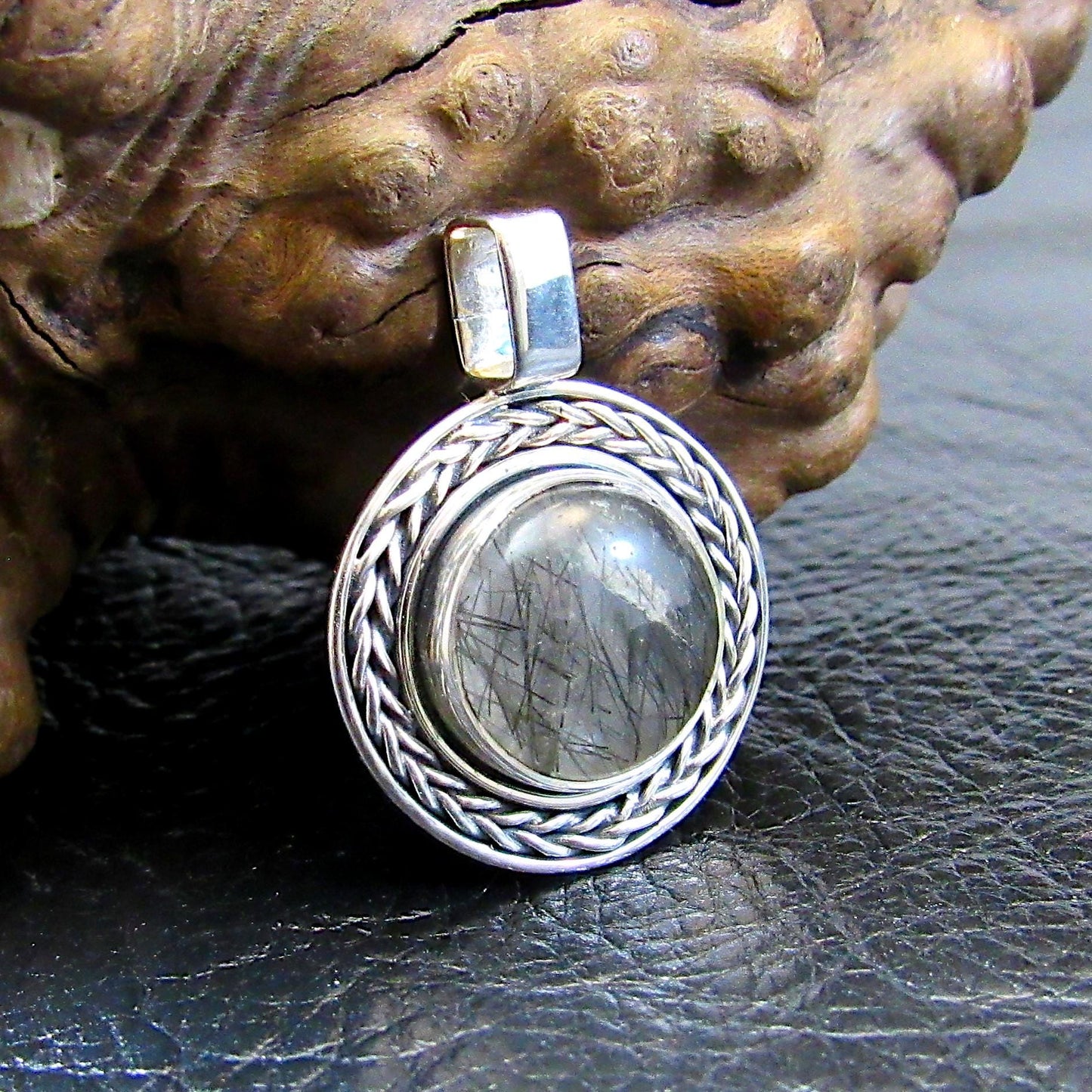 Solid 925 Sterling Silver Tourmalinated Quartz Necklace Pendant, Black Rutilated Quartz, Braided Bezel Setting, Healing Crystal Jewelry 02