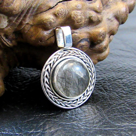 Solid 925 Sterling Silver Tourmalinated Quartz Necklace Pendant, Black Rutilated Quartz, Braided Bezel Setting, Healing Crystal Jewelry 02