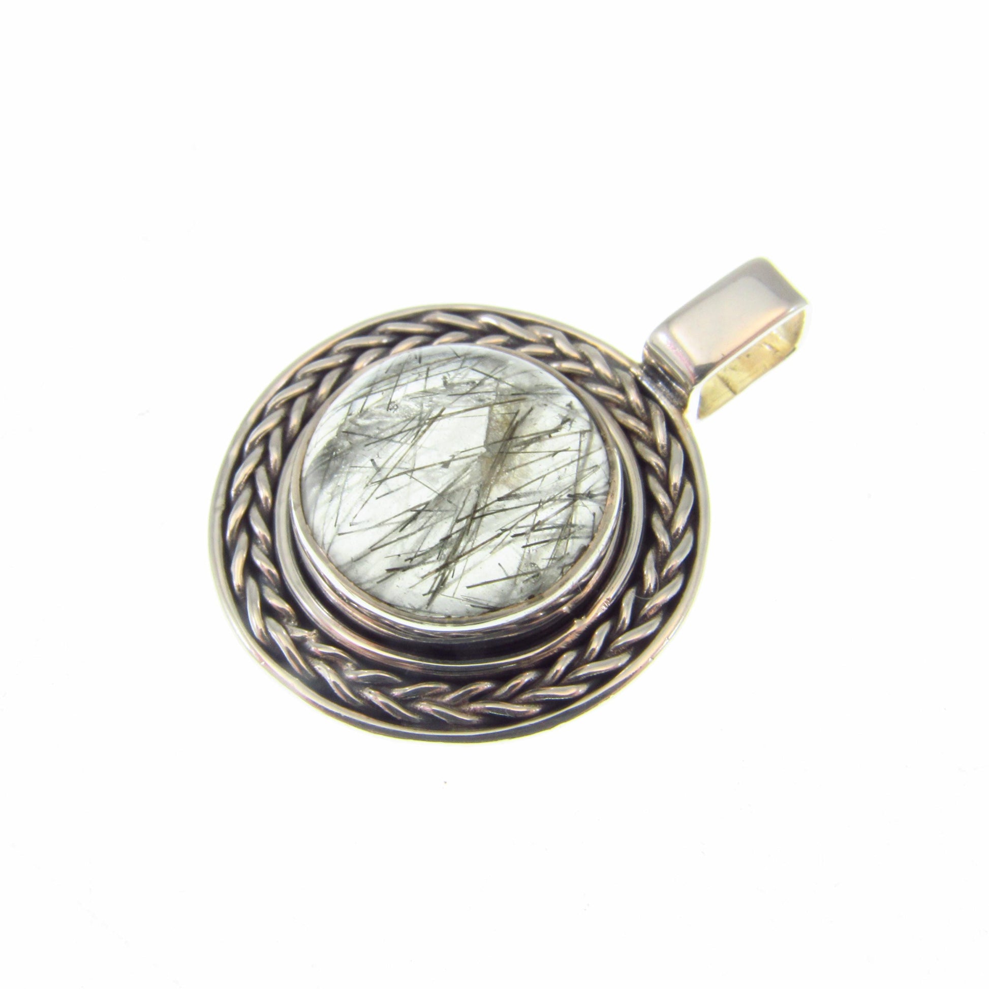 Solid 925 Sterling Silver Tourmalinated Quartz Necklace Pendant, Black Rutilated Quartz, Braided Bezel Setting, Healing Crystal Jewelry 02