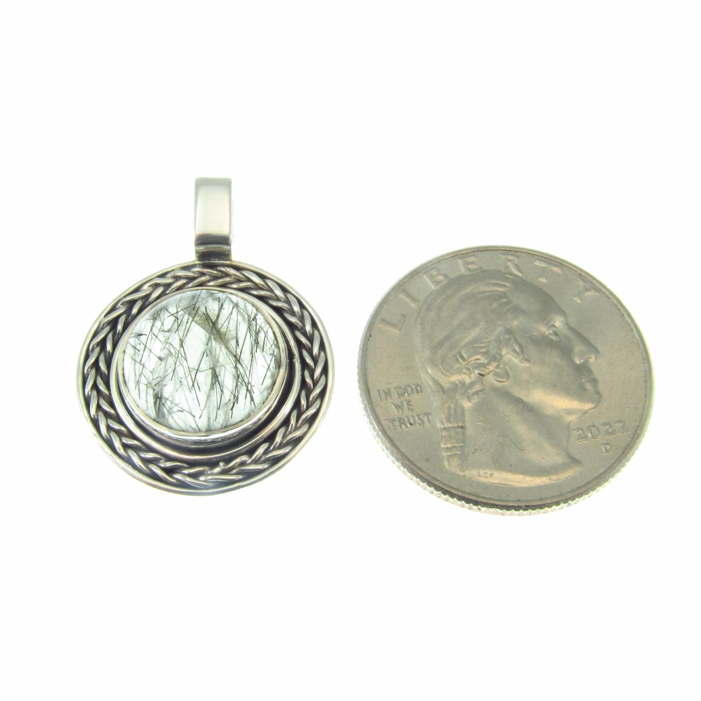 Solid 925 Sterling Silver Tourmalinated Quartz Necklace Pendant, Black Rutilated Quartz, Braided Bezel Setting, Healing Crystal Jewelry 02